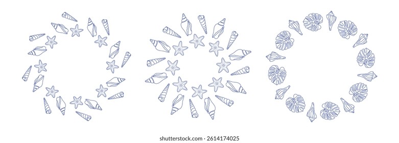 Sea shell doodle frame for decoration on summer holiday season and marine life concept. outline illustration of sea conch and starfish. Hand drawn graphic clipart of shell. 
