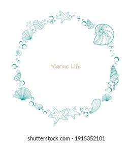 Sea Shell Doodle Frame Vector For Decoration On Summer Holiday Season And Marine Life Concept.