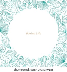 Sea shell doodle frame vector for decoration on summer holiday season and marine life concept.