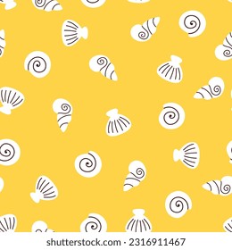 Sea shell doodle seamless pattern. Abstract white seashells on sand, simple childish print. Vector illustration isolated on yellow background