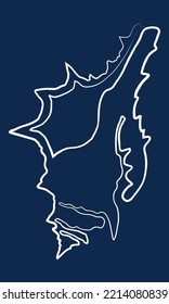 A sea shell drawn by hand in one line. The sinuous silhouette of a seashell. White vector illustration on a dark blue background. Contour. Poster, interior painting, postcard, modern design