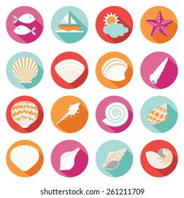 Sea Shell Flat and Summer Icons Set