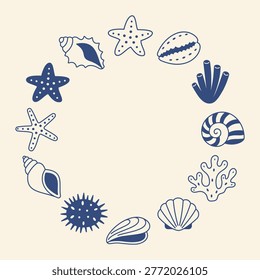 Sea shell frame with starfish coral seashell ocean marine beach border nature tropical coastal round composition Mediterranean blue style summer vacation nautical decorative illustration