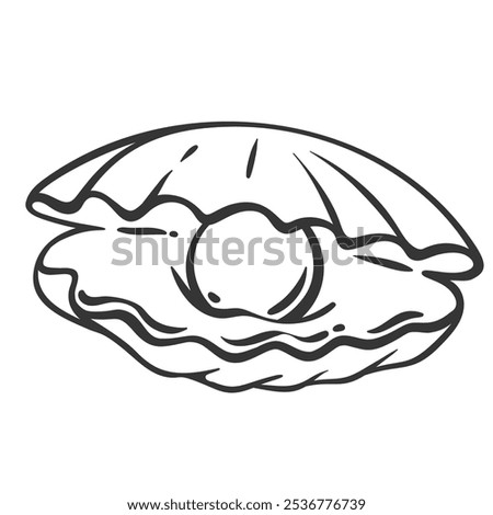 Sea shell with half open valves and pearl line icon. Outline hand drawn vintage opening underwater seashell, cockleshell. Marine animal mascot, simple clam with pearl icon vector illustration