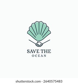 Sea Shell with hand shake simple line art outline logo design. Save the ocean together symbol logo icon vector illustration