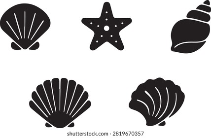 Sea shell icon collection. Clam, starfish, seashell, conch, cockleshell silhouette vector illustration