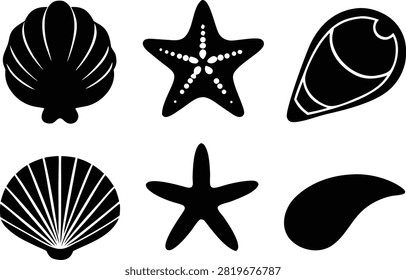 Sea shell icon collection. Clam, starfish, seashell, conch, cockleshell silhouette vector illustration