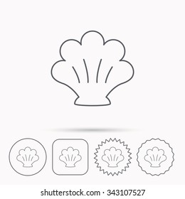 Sea shell icon. Seashell sign. Mollusk shell symbol. Linear circle, square and star buttons with icons.