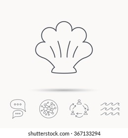 Sea shell icon. Seashell sign. Mollusk shell symbol. Global connect network, ocean wave and chat dialog icons. Teamwork symbol.