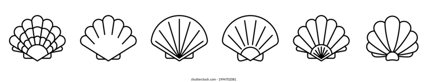 Sea shell icon. Set of linear pearl shell icons. Vector illustration. Shell vector icons. Black linear sea shell icons