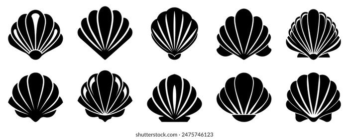 Sea shell icon. Set of pearl shell icons. Vector illustration. Shell vector icons. Black seashell icons