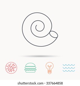 Sea shell icon. Spiral seashell sign. Mollusk shell symbol. Global connect network, ocean wave and burger icons. Lightbulb lamp symbol.