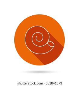 Sea shell icon. Spiral seashell sign. Mollusk shell symbol. Round orange web button with shadow.