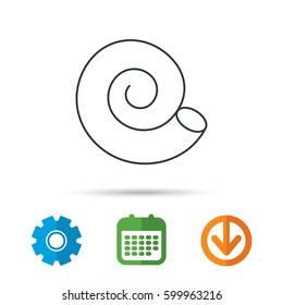 Sea shell icon. Spiral seashell sign. Mollusk shell symbol. Calendar, cogwheel and download arrow signs. Colored flat web icons. Vector