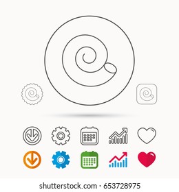 Sea shell icon. Spiral seashell sign. Mollusk shell symbol. Calendar, Graph chart and Cogwheel signs. Download and Heart love linear web icons. Vector