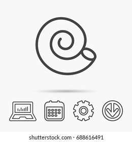 Sea shell icon. Spiral seashell sign. Mollusk shell symbol. Notebook, Calendar and Cogwheel signs. Download arrow web icon. Vector