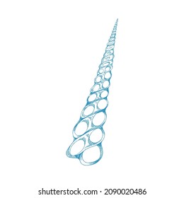 Sea shell icon or symbol in cone shape, engraving vintage style blue line vector illustration isolated on white background. Shell of exotic ocean mollusk or shellfish.