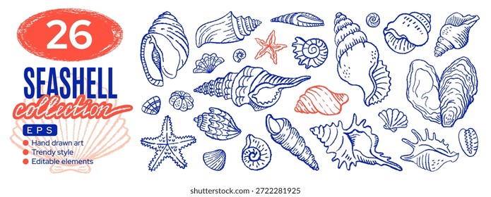 Ícones de shell do mar. Seashell verão praia mediterrânea doodle vetor. Estrela-do-mar encantadora, ilustração desenhada à mão de concha. Concha desenho bg. Conjunto de ícones de esboço do contorno do oceano. Linha marinha costeira arte