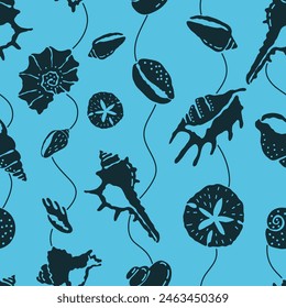 Sea shell illustration on blue background. Vector seamless pattern with hand drawn different shells and waves. Beautiful sea life tile. Endless fill with organic vibrant shapes. Ocean aesthetics.