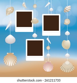 Sea Shell and Instant Film Frame Hanging Mobile on Blur Background