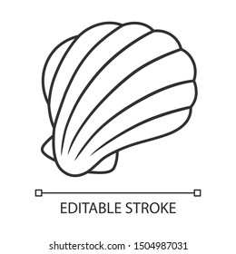 Sea shell linear icon. Mollusk shell. Protective layer for animal living. Tropical souvenir. Aquarium creature. Thin line illustration. Contour symbol. Vector isolated outline drawing. Editable stroke