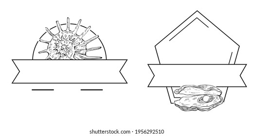 Sea shell logo with Hand drawn sketch black lines on a white background. Template for menu or spa poster. Seafood or Travel emblem.