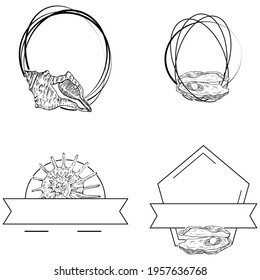 Sea shell logo with Hand drawn sketch black lines on a white background. Template for menu or spa poster. Seafood or Travel emblem.