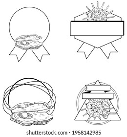 Sea shell logo with Hand drawn sketch black lines on a white background. Template for menu or spa poster. Seafood or Travel emblem.