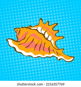 Sea shell. Marine underwater twisted shell. Undersea mollusc. Decoration for women. Cartoon vector illustration on blue background. Hand drawn style