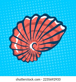Sea shell. Marine underwater twisted shell. Undersea mollusc. Decorative element. Mediterranean culture. Cartoon vector illustration on blue background. Hand drawn style