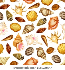 Sea shell and mollusk seamless pattern background. Ocean beach snail, scallop and chiton, clam, turret and cockle shell, king crown and fighting conch for summer vacation theme design