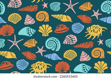 Sea shell nautical seamless pattern. Ocean underwater seashell conch aquatic mollusk sink print textile. Exotic spiral snail, marine starfish boundless background. Tropical scrapbook repeat ornament