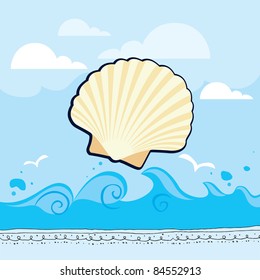 Sea shell on pattern background - set of rustic doodles