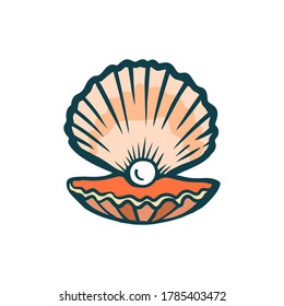 Sea shell, opened oyster with pearl logo, icon. Stock vector illustration on white background.
