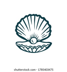 Sea shell, opened oyster with pearl logo, icon. Stock vector line art illustration on white background.