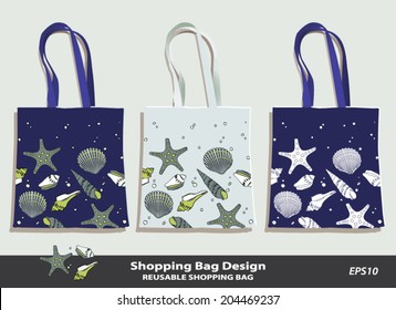Sea Shell pattern shopping bag design template. Reusable beach tote bag set vector template. Original Sea Shell pattern is complete, masked. Summer ocean or sea beach souvenir. Sea shell icon. 