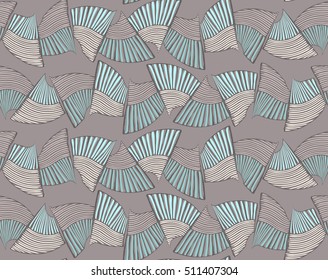 Sea shell peaces green and coffee in wavy pattern.Hand drawn with ink seamless background.Creative handmade repainting design for fabric or textile.Geometric pattern made of striped trapezoids 