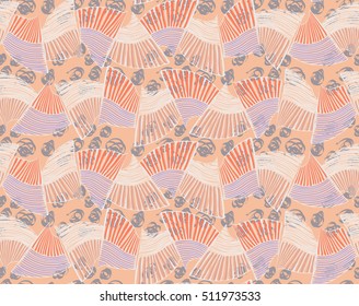 Sea shell peaces in wavy pattern on cream.Hand drawn with ink seamless background.Creative handmade repainting design for fabric or textile.Geometric pattern made of striped trapezoids forming waves.