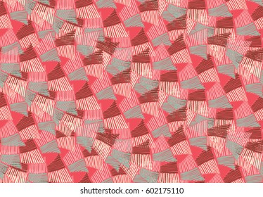 Sea shell peaces in wavy pattern pink overlap.Hand drawn with ink seamless background.Creative handmade repainting design for fabric.Geometric pattern made of striped trapezoids forming waves.