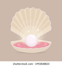 Sea shell with pearl. The bivalve is open. Flat vector illustration