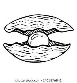 Meermuschel mit perlschwarz-weißer Vektorillustration. Handgezeichnete monochrome Süßwasserperlmuscheln für Unterwasser- und Meeresdesigns