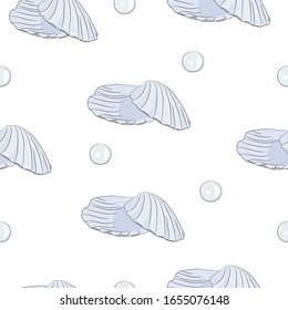 Sea shell and pearl seamless vector pattern. Ocean shell hand-drawn illustration. Mollusk cover. Ocean shell in sketch style. Summer print, fabric, cover