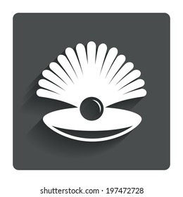 Sea shell with pearl sign icon. Conch symbol. Travel icon. Gray flat button with shadow. Modern UI website navigation. Vector