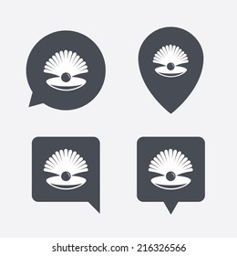 Sea shell with pearl sign icon. Conch symbol. Travel icon. Map pointers information buttons. Speech bubbles with icons. Vector
