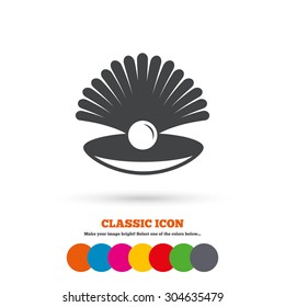 Sea shell with pearl sign icon. Conch symbol. Travel icon. Classic flat icon. Colored circles. Vector