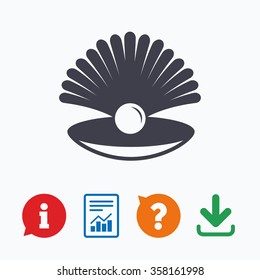 Sea shell with pearl sign icon. Conch symbol. Travel icon. Information think bubble, question mark, download and report.