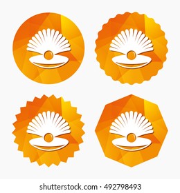 Sea shell with pearl sign icon. Conch symbol. Travel icon. Triangular low poly buttons with flat icon. Vector