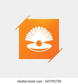 Sea shell with pearl sign icon. Conch symbol. Travel icon. Orange square label on pattern. Vector