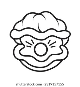 Sea shell with pearl vector icon outline isolated on square white background. Simple flat sea marine animal creatures outlined cartoon drawing.