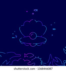 Sea Shell with Pearl Vector Line Illustration. Marine Life, Underwater World, Sea Creature Gradient Icon, Symbol or Pictogram, Sign. Dark Blue Background. Related Bottom Border.